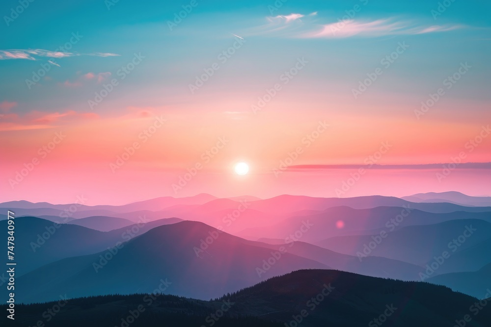 The sun gracefully descends behind a stunning mountain range, casting a warm and golden glow across the landscape, Serene sunset over a tranquil mountain range, AI Generated