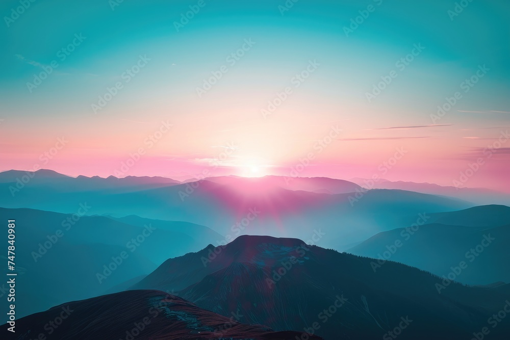 The sun casts a beautiful golden glow as it sets behind a magnificent mountain range, creating a breathtaking natural spectacle, Serene sunset over a tranquil mountain range, AI Generated