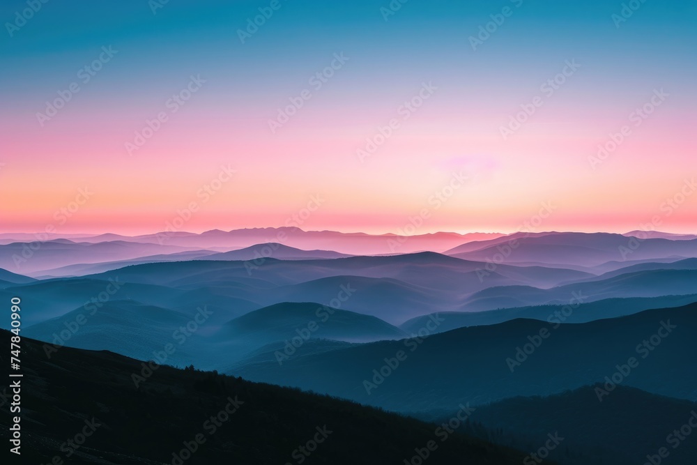 The sun is descending behind the mountains in the distance, casting a warm glow over the landscape, Serene sunset over a tranquil mountain range, AI Generated