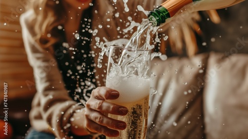 woman holding a blank white label champagne bottle in their home, boho style.