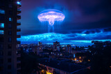Glowing blue jellyfish UFO over night city. Neural network generated image. Not based on any actual scene or pattern.