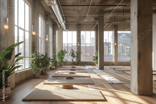 A large room with numerous windows filled with natural light, filled with neatly arranged yoga mats, Serene yoga studio within a gym, AI Generated © Iftikhar alam