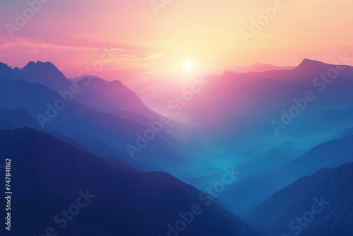 The sun sinks below the horizon, casting a warm golden glow on the towering peaks of a magnificent mountain range, Serene sunset over a tranquil mountain range, AI Generated