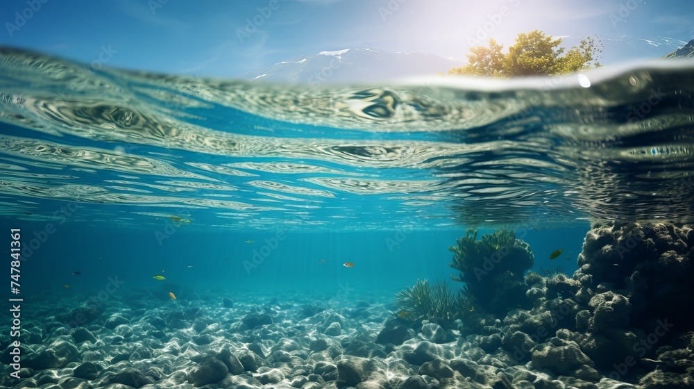 Tranquil Split Underwater Scene: Sunlit Sky & Serene Sea - Canon RF 50mm f/1.2L USM Capture Tranquil Split Underwater Scene: Sunlit Sky & Serene Sea - Canon RF 50mm f/1.2L USM Capture