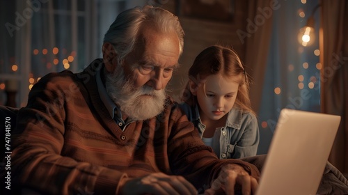 Intergenerational Learning Elderly Man and Young Girl Working Together on Laptop