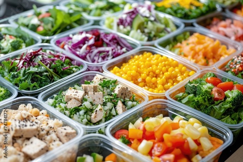 A selection of various types of salads presented in plastic containers arranged neatly on a table, Several portioned containers filled with delicious, colorful salads, AI Generated