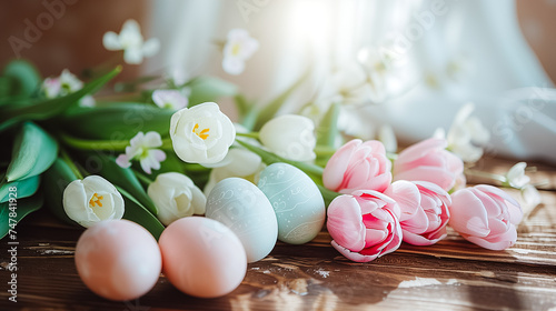 Easter card with pastel colors Easter eggs on wooden table with tulips indoor. free space