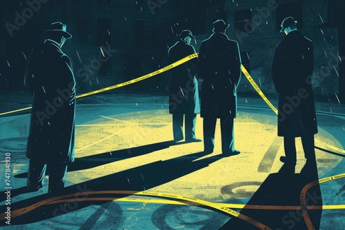A diverse group of individuals standing side by side, united under the rain shower, Shadowy figures investigating a crime scene for a detective podcast cover art, AI Generated