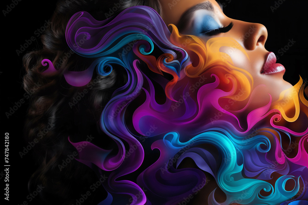 Fototapeta premium A girl's face surrounded by abstract color shapes of smoke on a dark background