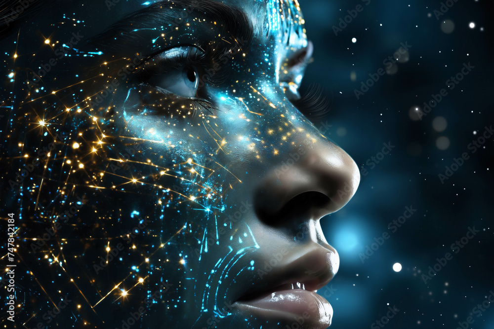 portrait of a beautiful woman with particles of light surrounding her face as a symbol of magic portrait of a beautiful woman with particles of light surrounding her face as a symbol of magic