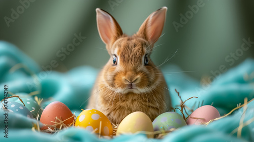 Easter bunny sitting surrounded painted Easter eggs indoor . space for text