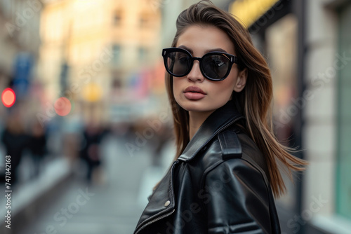 Stylish young woman in sunglasses on city street. Urban fashion.