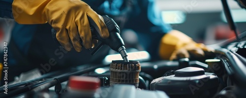 Car mechanic hands changing the fuel filter in garage photo