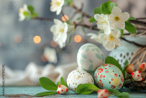 Easter card with pastel colors Easter eggs on wood with flowers on blurred background. free space