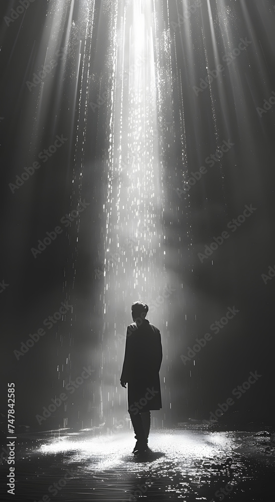 a man walking through the darkness lightened
