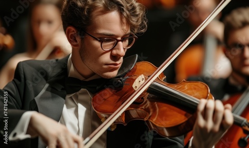 Talented man musician playing violin on music concert.