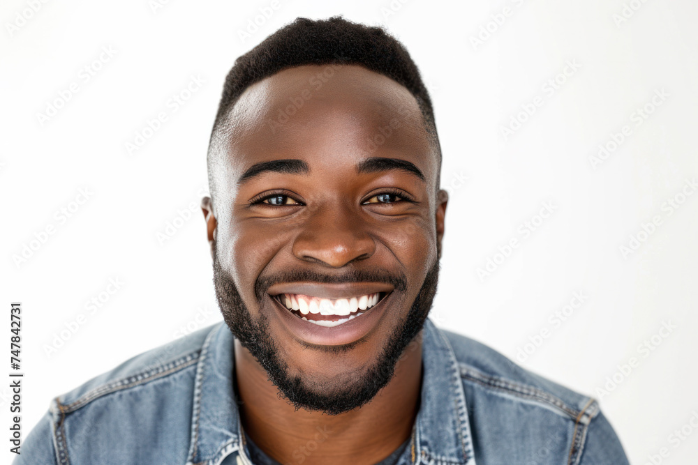 Obraz premium Confident young man smiling in casual denim shirt. Positive human emotions.