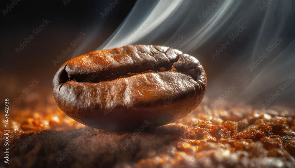 roasted coffee beans with smoke on a dark background close-up - obrazy, fototapety, plakaty 