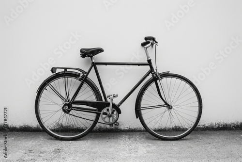 A monochrome image showcasing a bicycle resting against a wall, capturing the simple beauty of everyday life, Side view of a bicycle against a minimal background, AI Generated