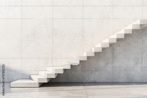 A professional man dressed in a suit is walking down a set of stairs, Side view of a single staircase against a blank wall, AI Generated