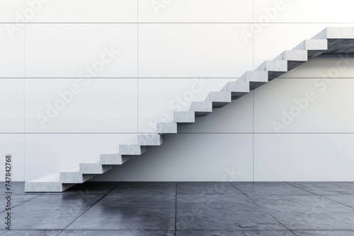 A photo featuring a white staircase situated in a room with white walls, Side view of a single staircase against a blank wall, AI Generated