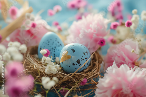 Easter card with painted Easter eggs in nest on wooden table with blossom flowers. free space
