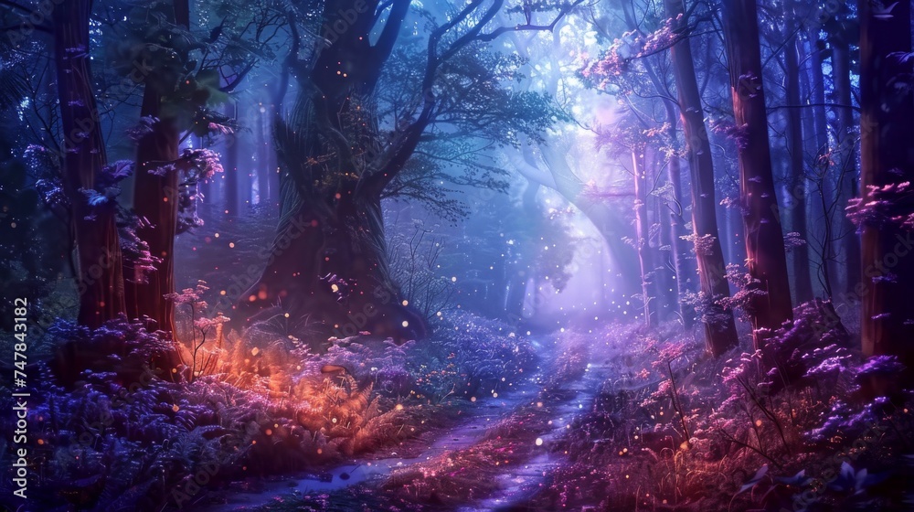 A magical forest scene at twilight with sparkling lights and a mysterious path leading into the unknown.