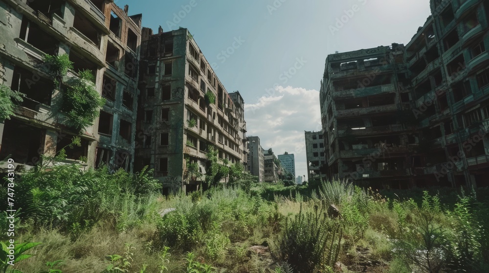 Nature reclaims space in an urban environment, with abandoned buildings overgrown with lush vegetation under a clear sky. Nature reclaims space in an urban environment, with abandoned buildings overgrown with lush vegetation under a clear sky.