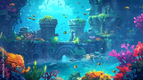 An animated underwater landscape, brimming with life, featuring stylized stone ruins, an array of bright coral formations, and playful tropical fish. photo