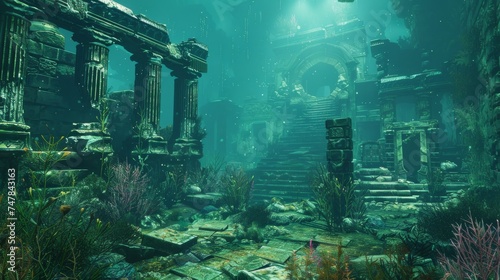 Majestic ancient ruins submerged underwater, surrounded by marine flora, evoking a mysterious historical ambiance.