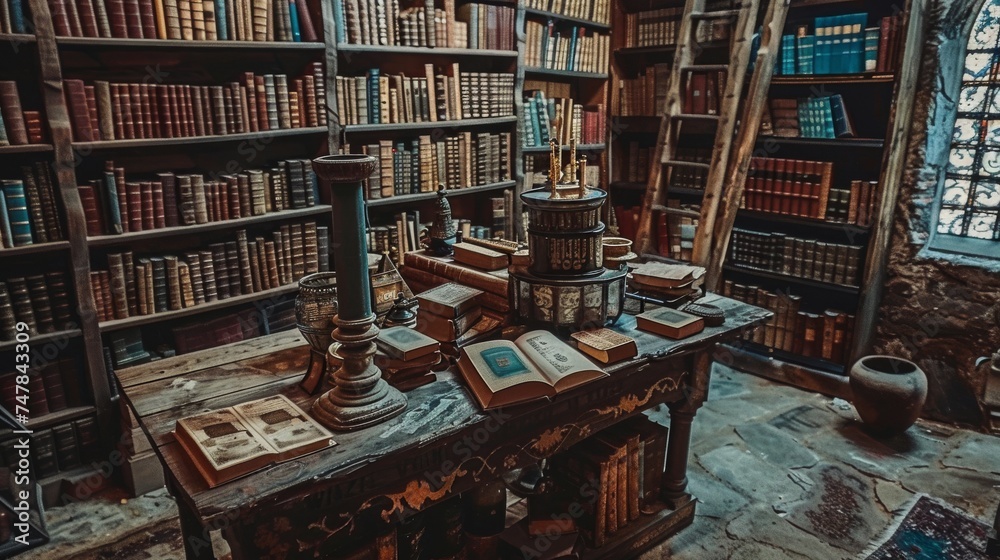 An old-world library filled with shelves of antique books, a classic reading table, and a wooden ladder, invoking a sense of historical knowledge.