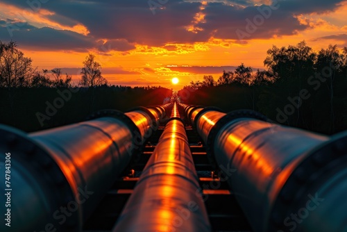 As the sun sets, its warm glow illuminates an oil pipeline stretching across the industrial landscape, Silhouette of industrial pipelines against a sunset, AI Generated