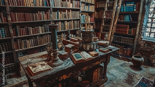 An old-world library filled...