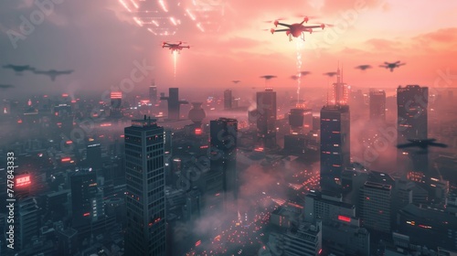 Futuristic drones hover abo...