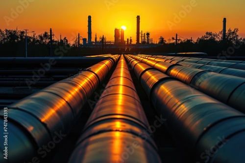 The sun casts a warm glow as it sets behind a colossal pipeline, creating a striking contrast between nature and human industry, Silhouette of industrial pipelines against a sunset, AI Generated