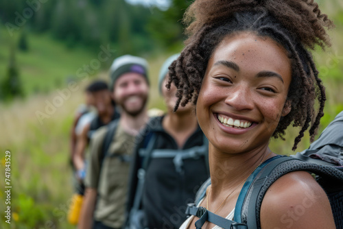 Group of joyful hikers exploring nature trails. Outdoor adventure and teamwork. © Postproduction