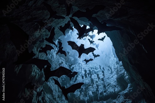 A large group of bats flying out of a dark cave, creating an impressive spectacle, Silhouettes of bats flying out from a dark, eerie cave, AI Generated photo