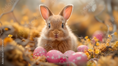 Easter bunny sitting surrounded painted Easter eggs and spring flowers in meadow. space for text