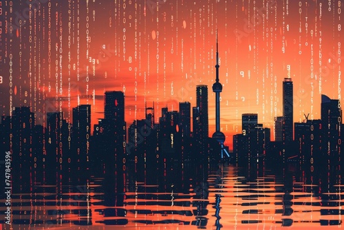 A photo capturing the cityscape with rain falling down, showcasing the urban environment in wet weather, Silhouettes of city skylines with binary code, AI Generated