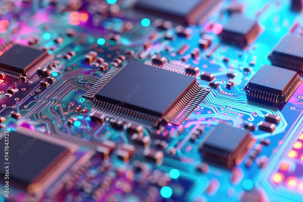 This close-up photo captures the intricate details of a computer circuit board, showcasing its complex network of electronic components, Silicon wafers with printed circuit board, AI Generated