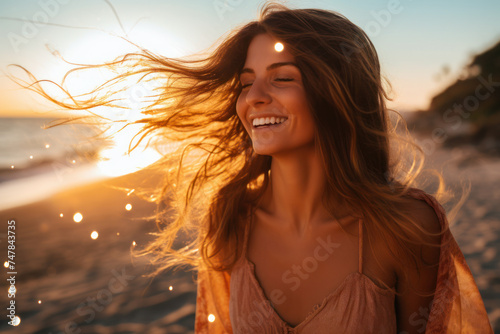 Smiling woman enjoying sunset on beach with light flares. Serenity and freedom. © Postproduction