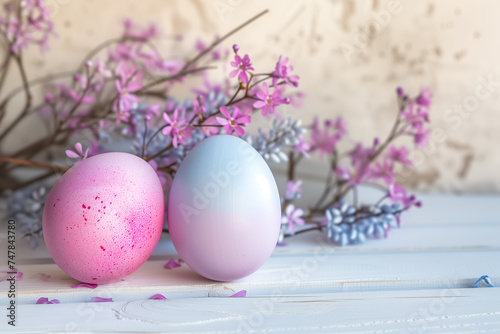 Easter card with pastel color Easter eggs with flowers on lavender color wall background. free space