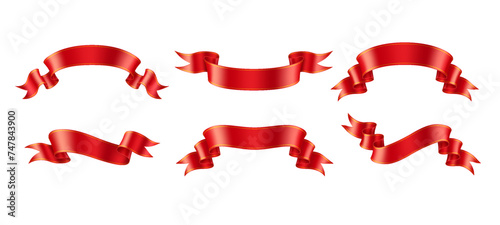 Holiday red satin ribbons realistic vector illustration set. Classic ornaments for design 3d models on white background. Promo label