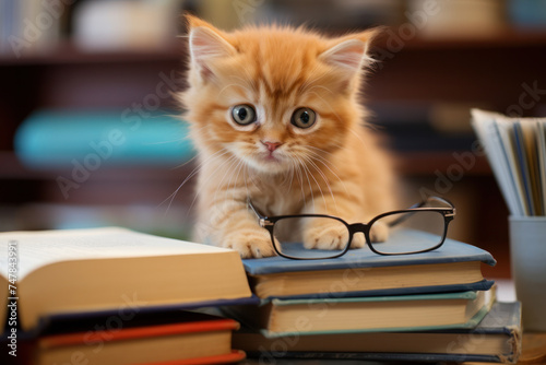 Adorable kitten with glasses sitting by stacked books. Intellectual pet and leisure.