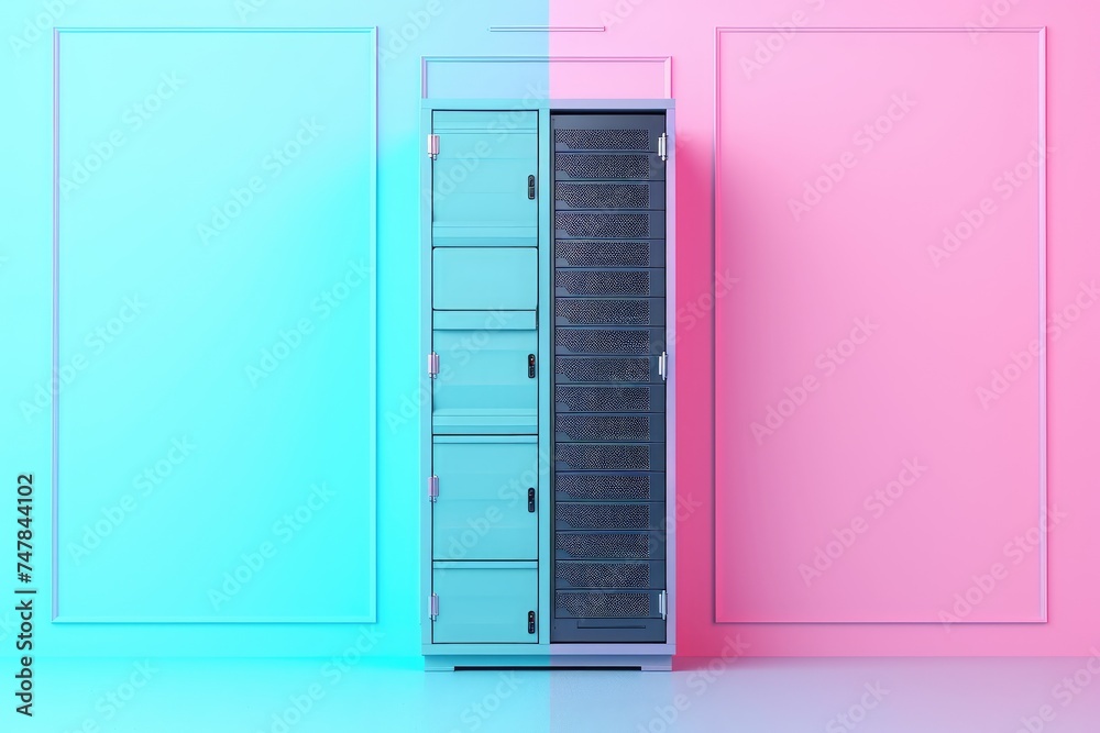 A server is positioned in front of a brightly colored pink and blue wall in a secure data center, Simplistic server rack on a pastel background, AI Generated A server is positioned in front of a brightly colored pink and blue wall in a secure data center, Simplistic server rack on a pastel background, AI Generated