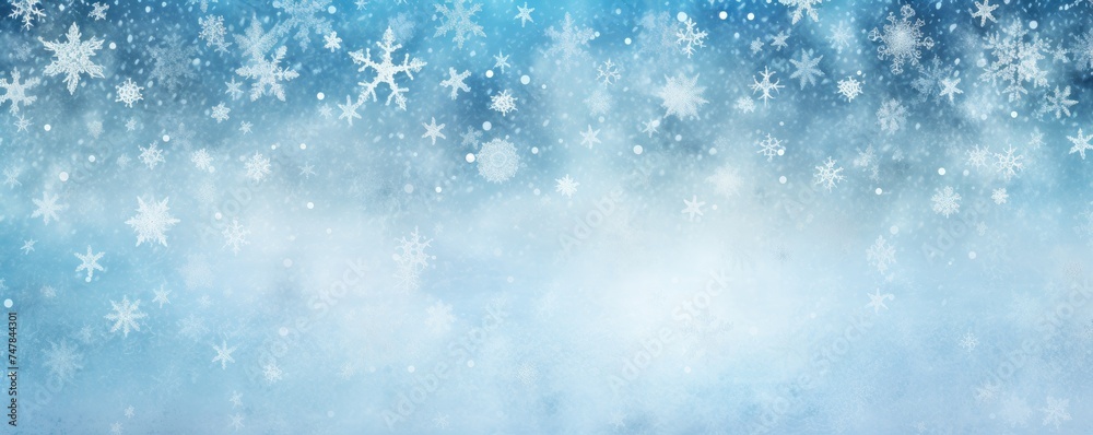 Christmas white snowflakes in the blue sky at a window shutter backgrounds. Freezing winter holiday, blue snowflakes background.