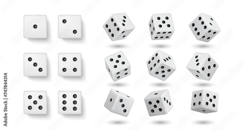 White gambling dices realistic vector illustration set. Cubes with dot numbers on sides 3d elements on white background. Casino game White gambling dices realistic vector illustration set. Cubes with dot numbers on sides 3d elements on white background. Casino game