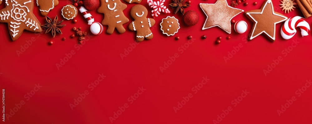 Beautiful Christmas decoration with amazing gingerbread cookies. Merry christmas theme. Christmas greeting card over red background, top view. Flat lay with copy space for xmas greetings.