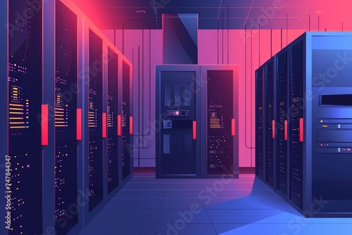 Multiple servers lined up in a well-organized row inside a busy data center  Single-color depiction of a tech server room  AI Generated