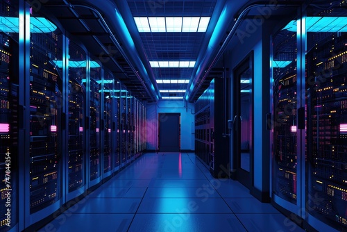 A photograph of a long hallway filled with neatly organized rows of servers in a data center  Single-color depiction of a tech server room  AI Generated